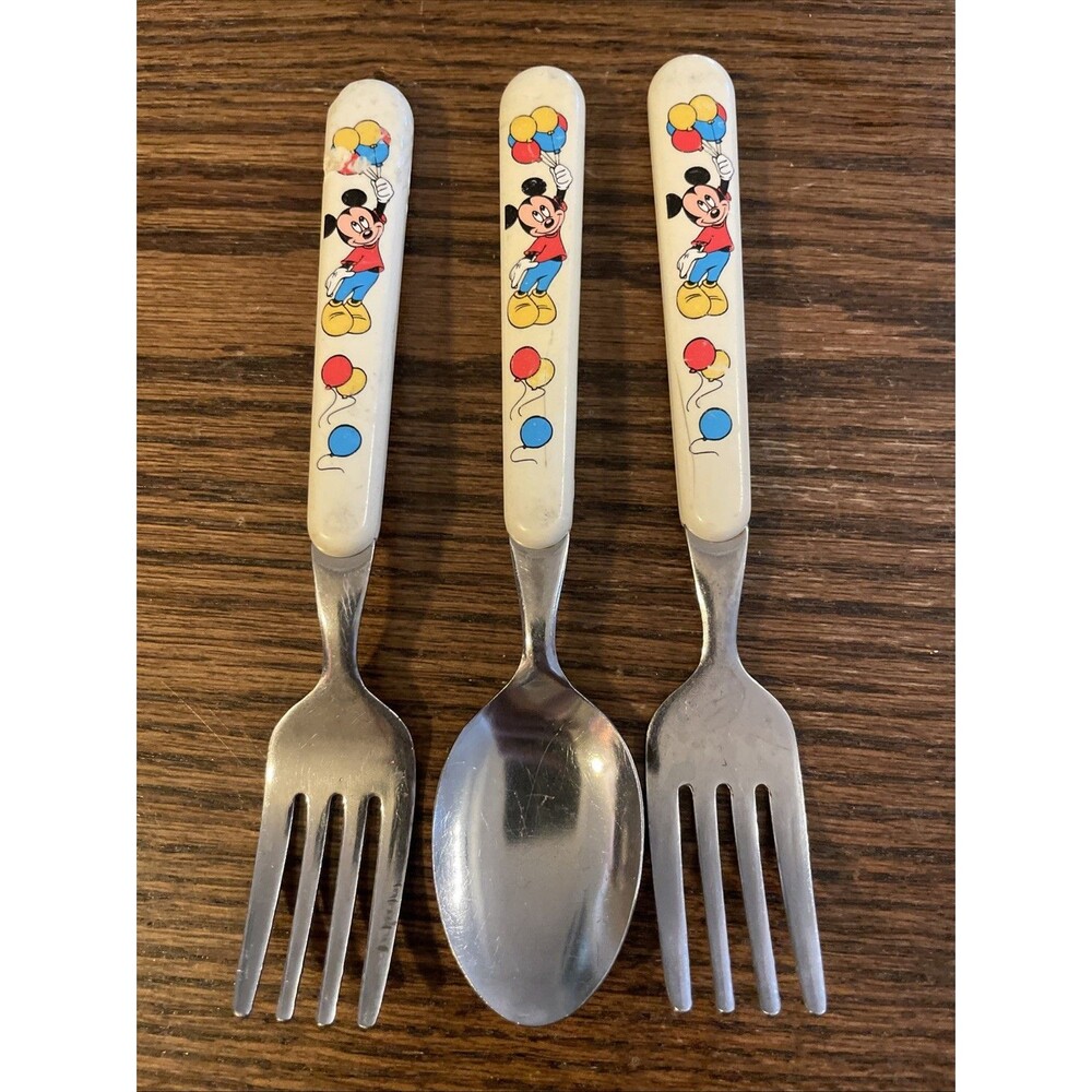 Vintage Disney Mickey Mouse Fork & Spoon Set Japan Kids Flatware Balloons
